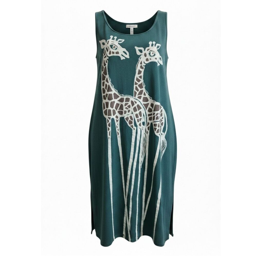 Sheilah Grebe VTG OOAK Batik Giraffe Midi Dress Green Heavy Cotton Knit Art OS